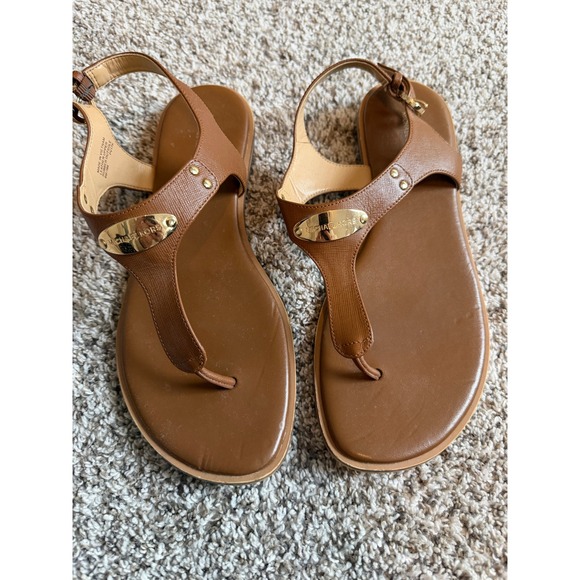 Michael Kors Shoes - Michael Kors Womens Brown Leather T-Strap Thong Sandals Gold Logo Size 8M PV17K